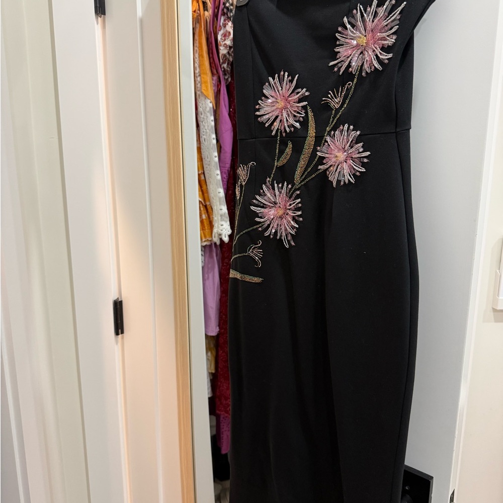 STAUD Black Maxi Dress with Pink Floral Embroidery and Gold Accents
